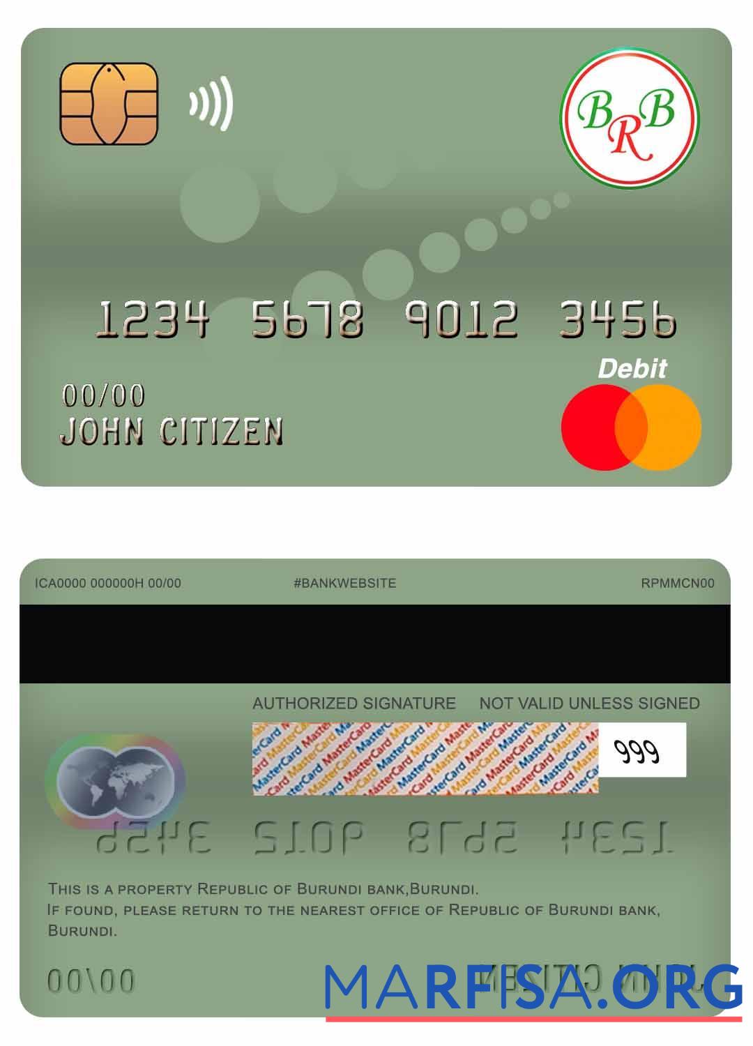 Printable Burundi Bank of the Republic of Burundi master debit card real example